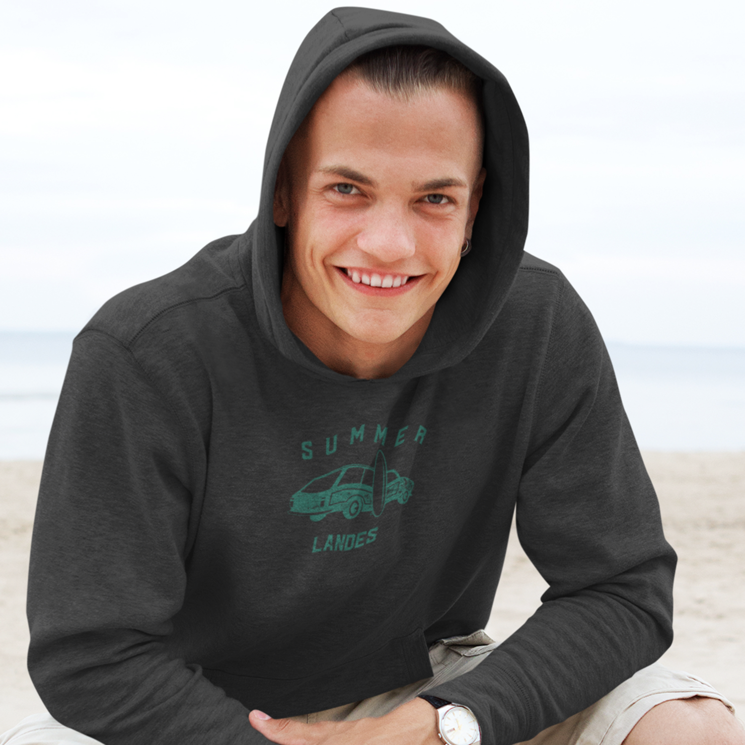 Sweat à capuche gris foncé Summer Landes homme motif voiture surf, esprit plage Hossegor et côte Atlantique Biarritz