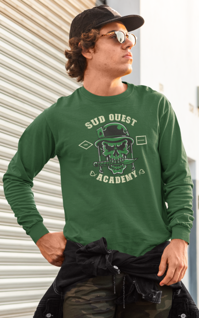 T-shirt manches longues vert South West Academy homme avec visuel skull sud-ouest style surf hossegor biarritz