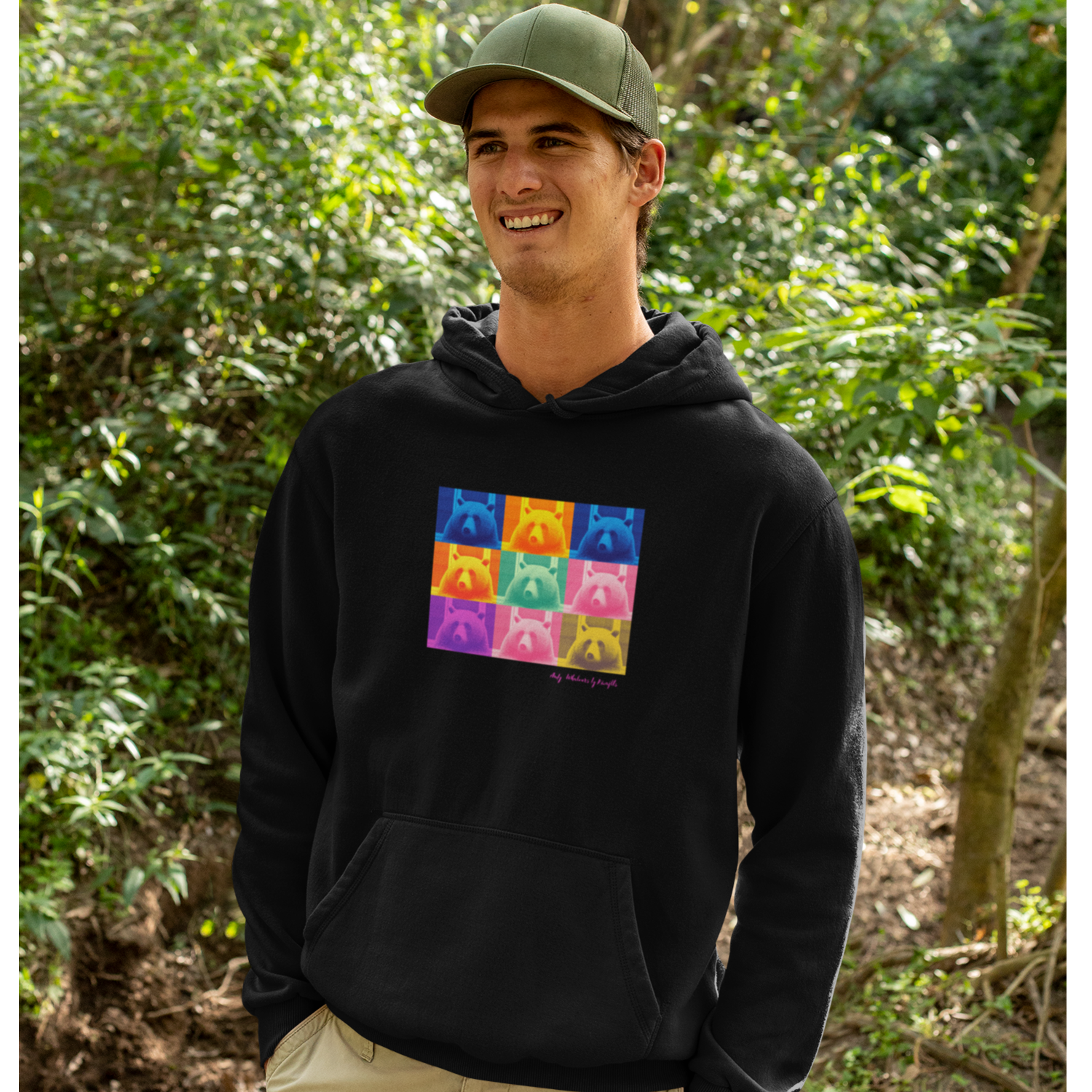Sweat capuche noir homme motif ours pop art Andy style streetwear surf Hossegor Biarritz design artistique Sud-Ouest Béarn