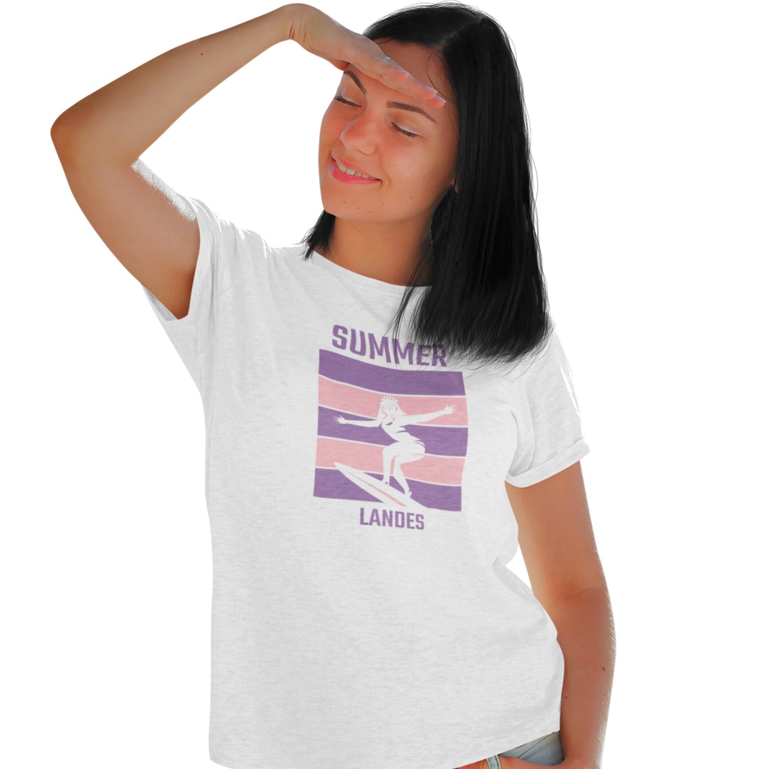 T-shirt femme blanc Summer Landes avec visuel surfeuse rétro violet et rose inspiration surf Landes Sud-Ouest
