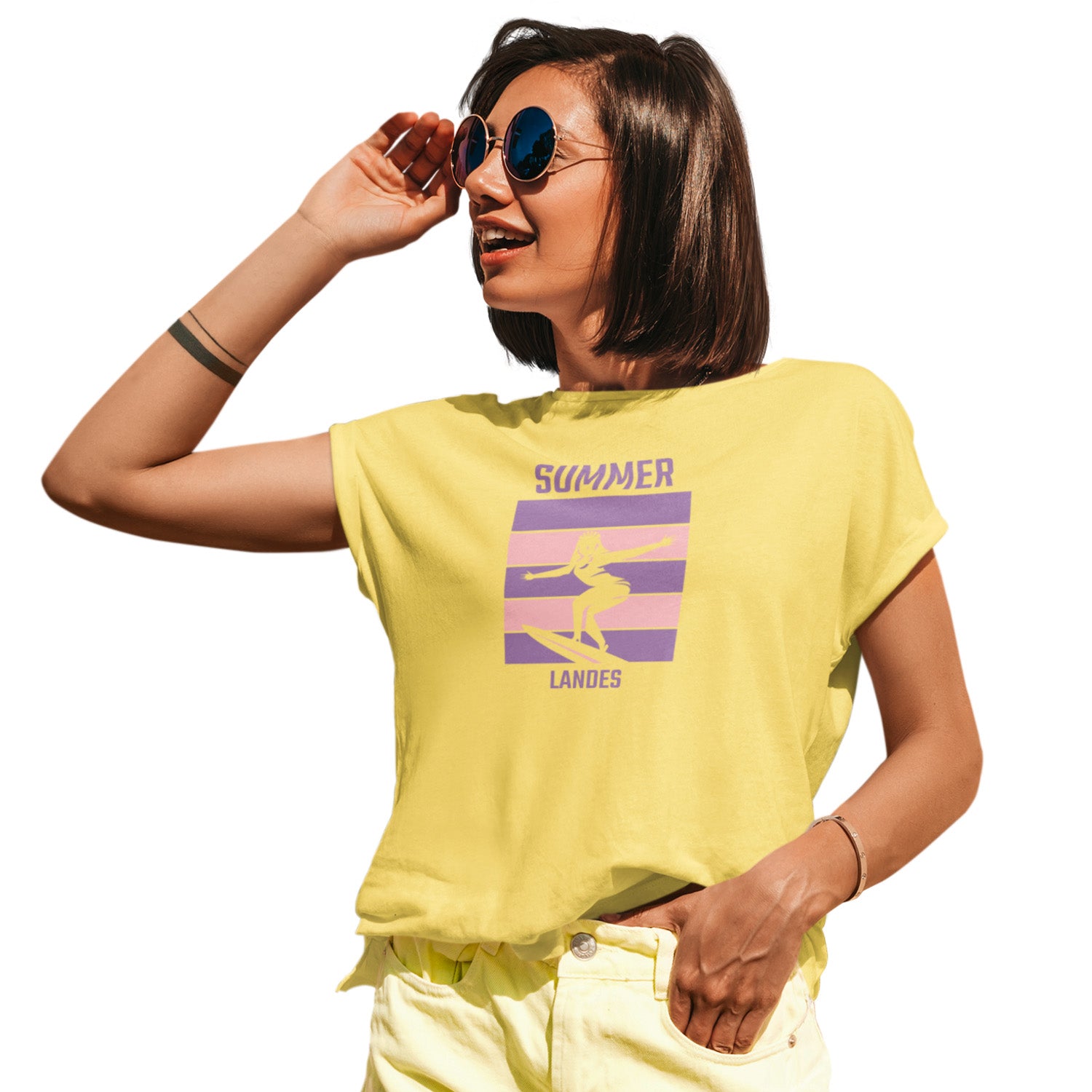 T-shirt femme jaune Summer Landes motif surf rétro violet et rose style été Landes Sud-Ouest