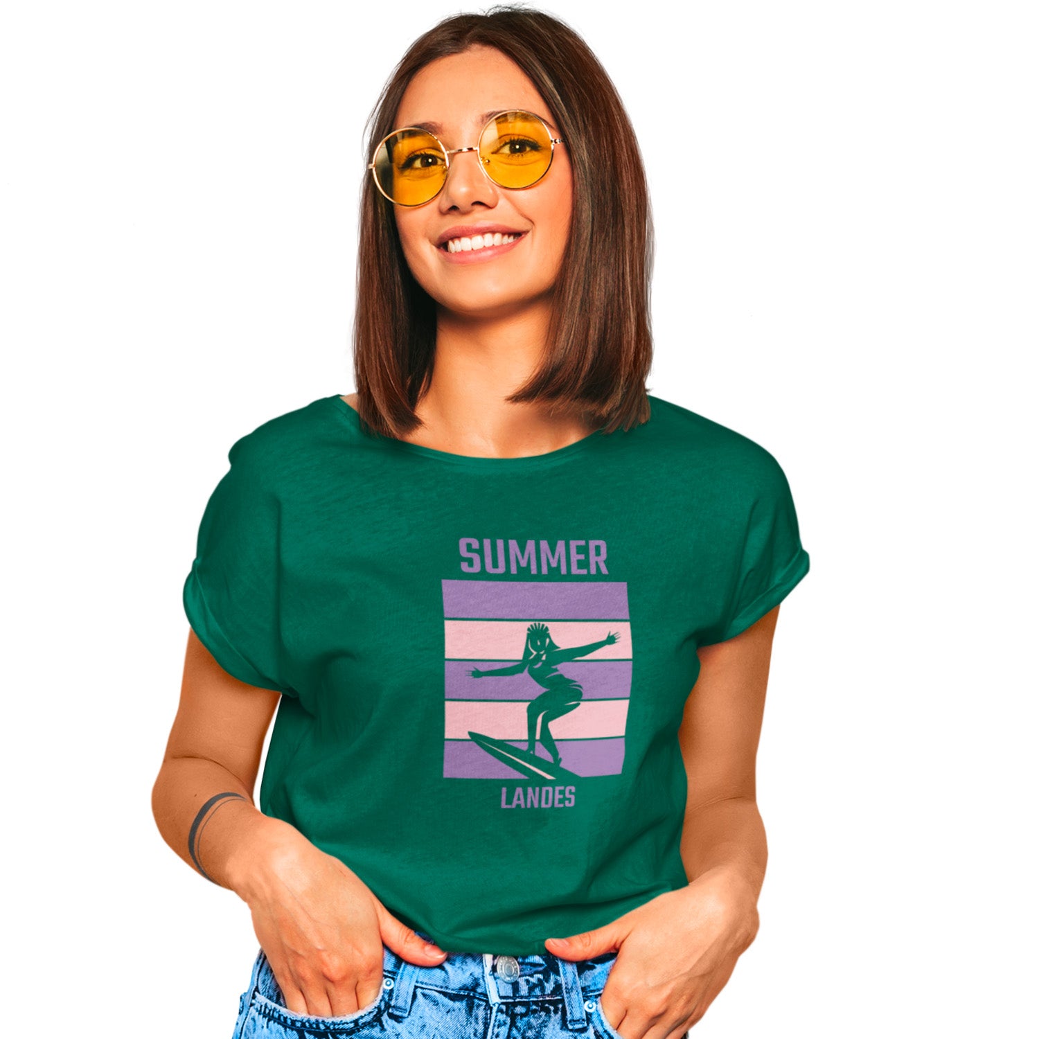 T-shirt femme vert bouteille Summer Landes visuel surf vintage inspiration côte Atlantique Sud-Ouest