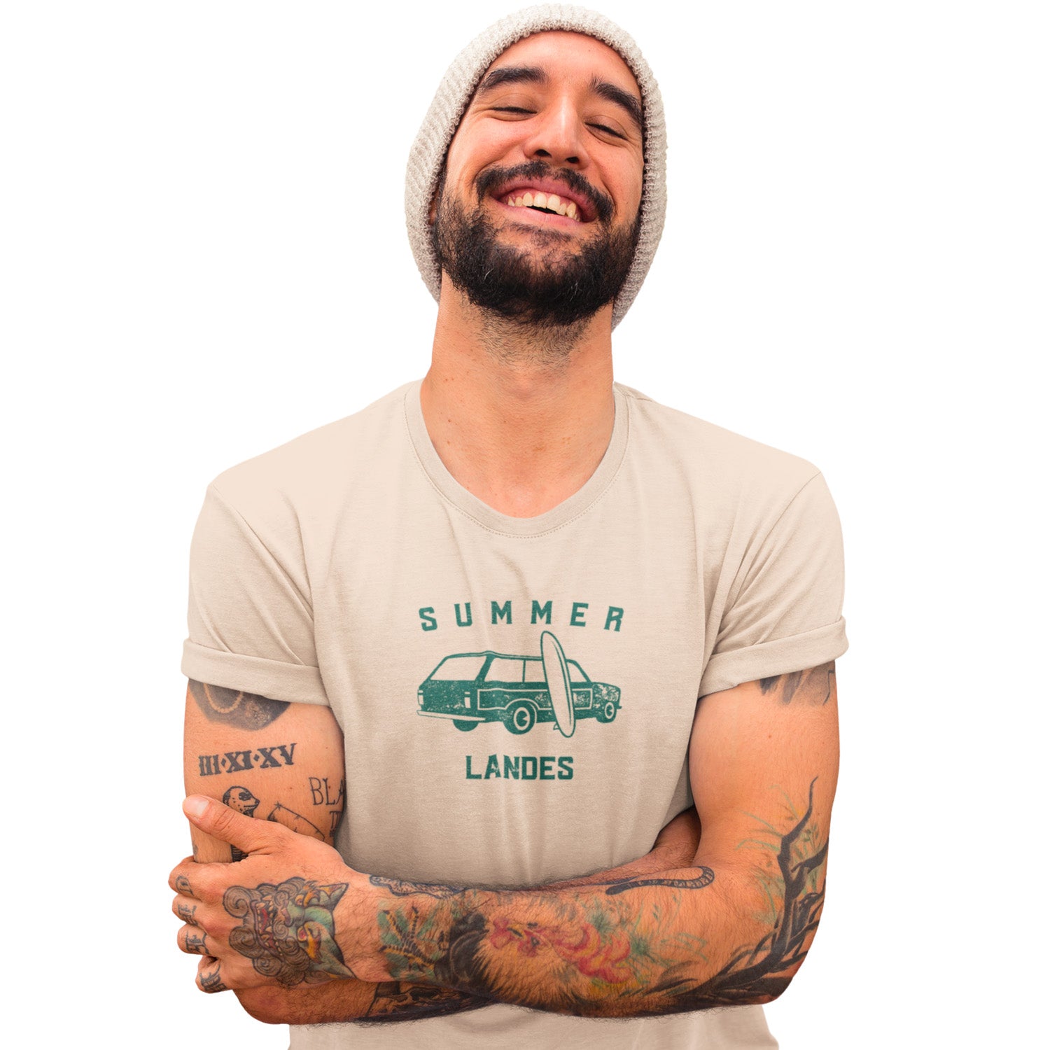 T-shirt beige Summer Landes homme design surf vintage, inspiration Hossegor Biarritz et style décontracté Sud-Ouest