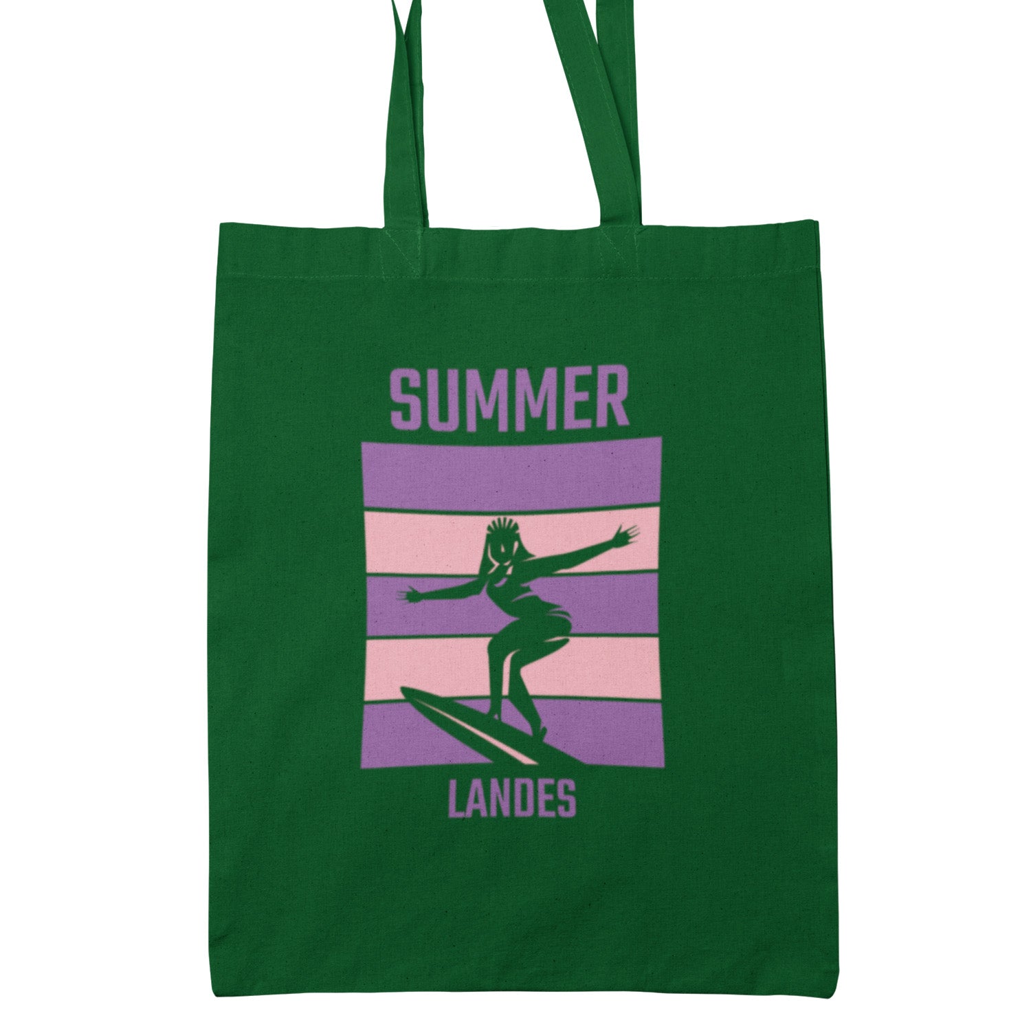 Tote bag vert bouteille Summer Landes visuel surf vintage violet et rose ambiance Sud-Ouest