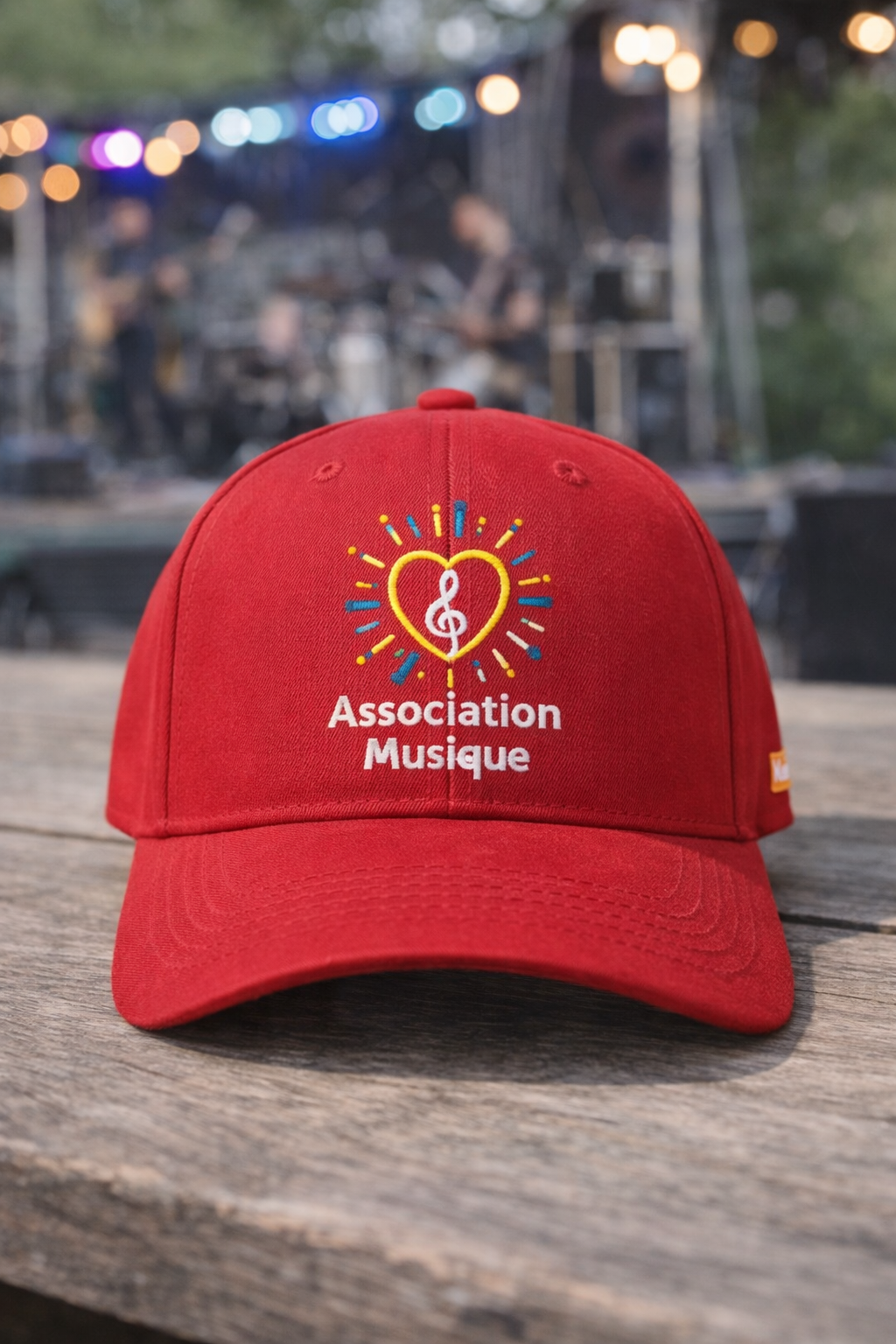 Casquette rouge brodée avec logo d’association de musique devant une scène de concert en arrière-plan.