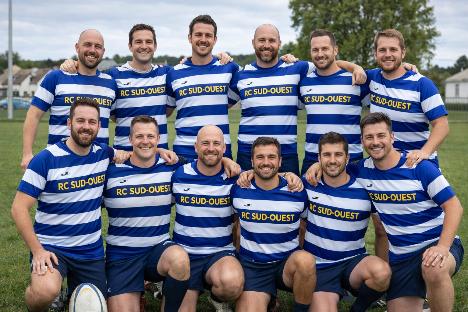 Équipe de rugby amateur portant des maillots personnalisés bleu et blanc floqués RC Sud-Ouest sur un terrain de sport.