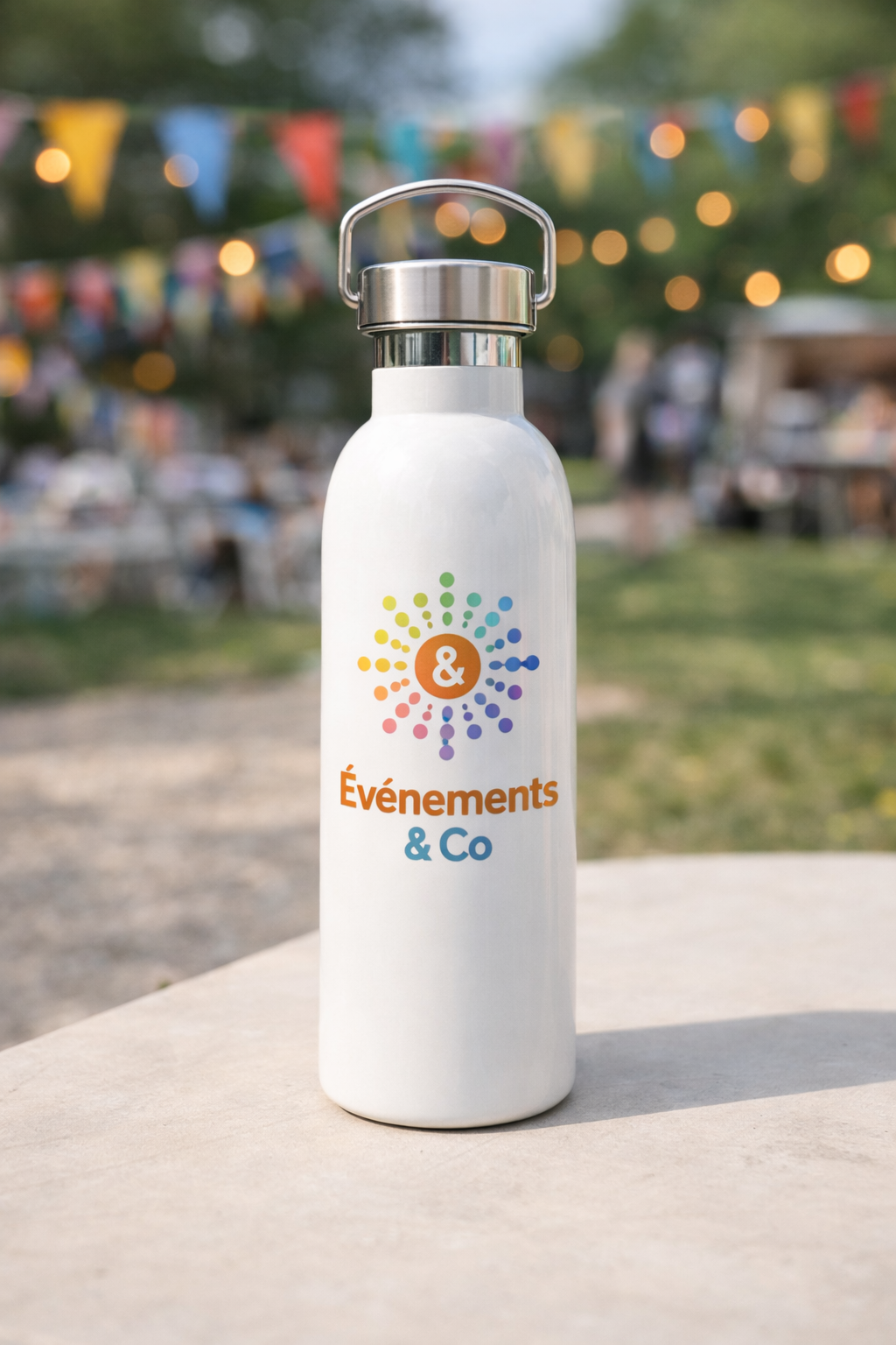 Gourde blanche personnalisée avec logo de marque événementielle posée sur une table lors d’un événement extérieur.