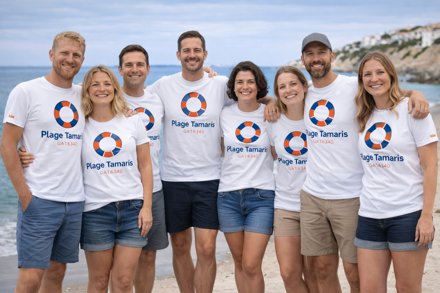 Groupe de personnes au bord de la mer portant des tee-shirts personnalisés pour un événement avec logo imprimé.