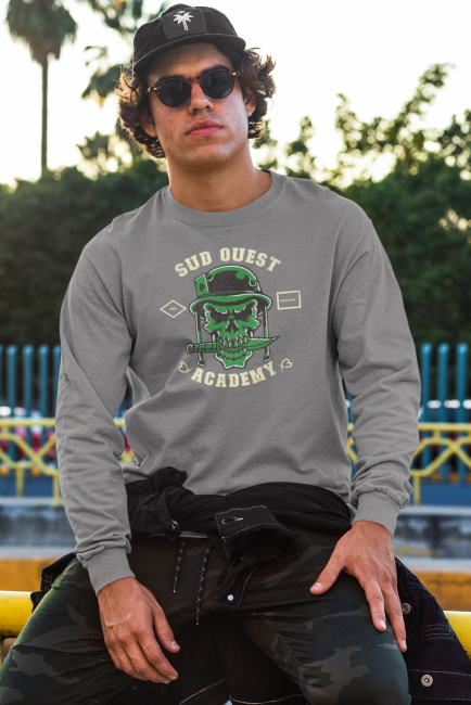 T-shirt manches longues gris South West Academy homme avec visuel skull sud-ouest style surf hossegor biarritz