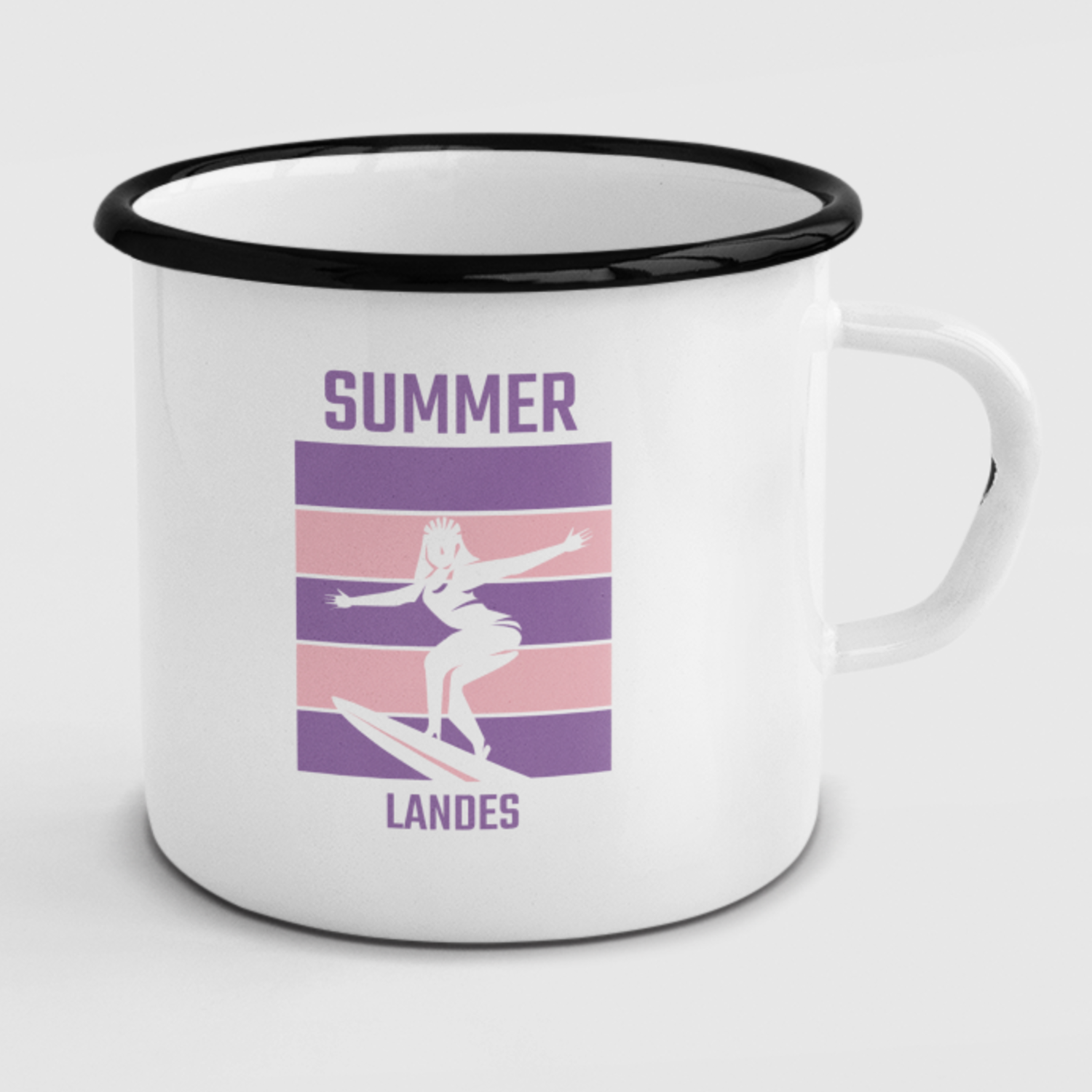 Mug émaillé blanc Summer Landes avec visuel surf rétro violet et rose inspiré des plages des Landes Sud-Ouest