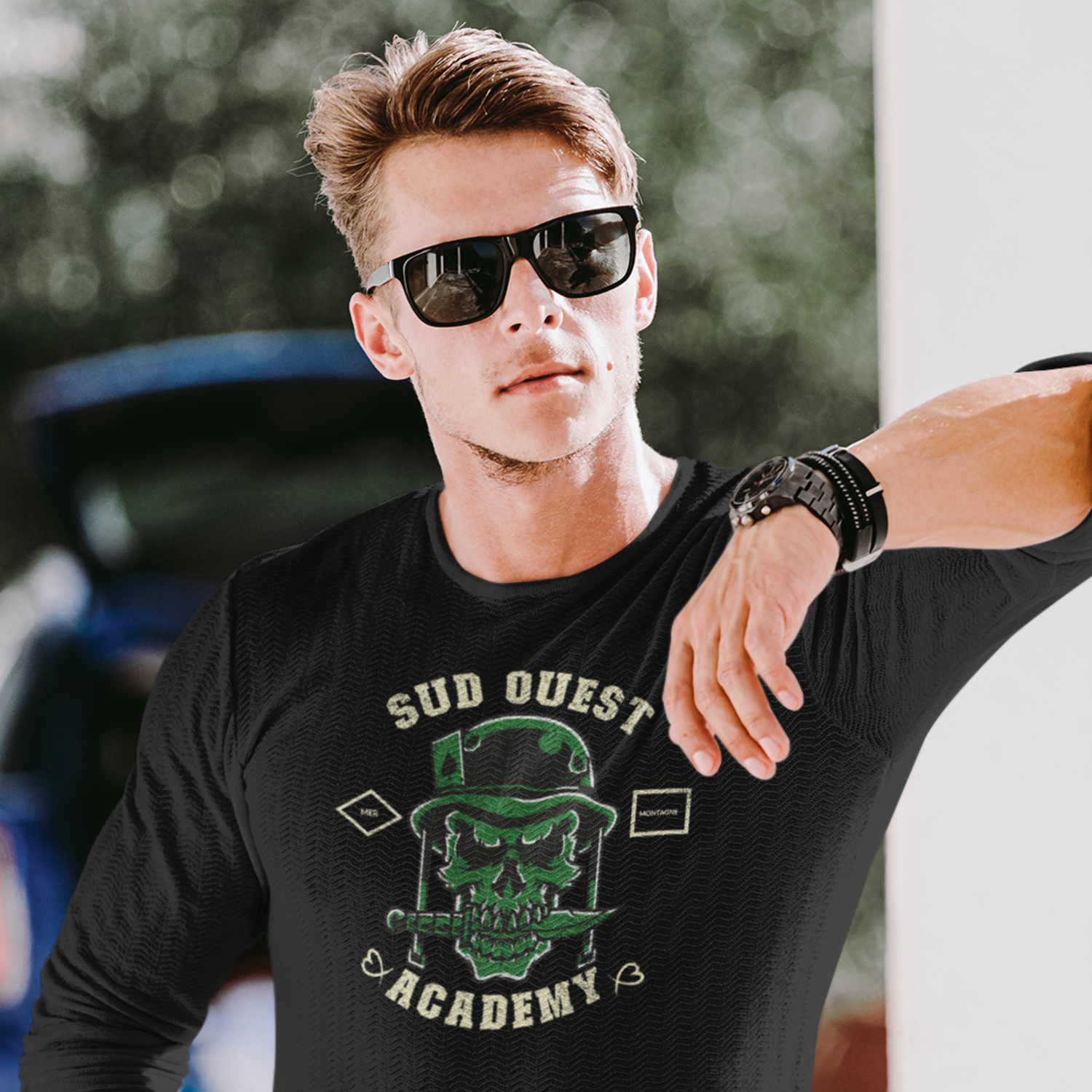 T-shirt manches longues noir South West Academy homme avec visuel skull sud-ouest style surf hossegor biarritz