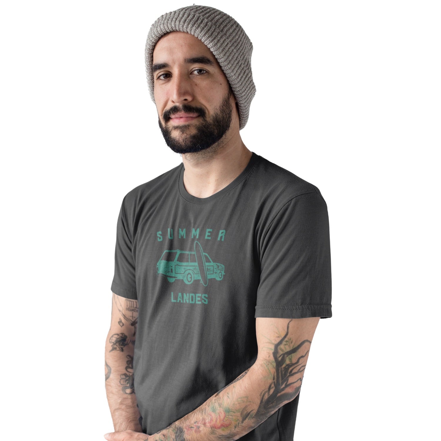 T-shirt gris foncé Summer Landes homme motif surf rétro, univers Biarritz Hossegor entre océan et Béarn
