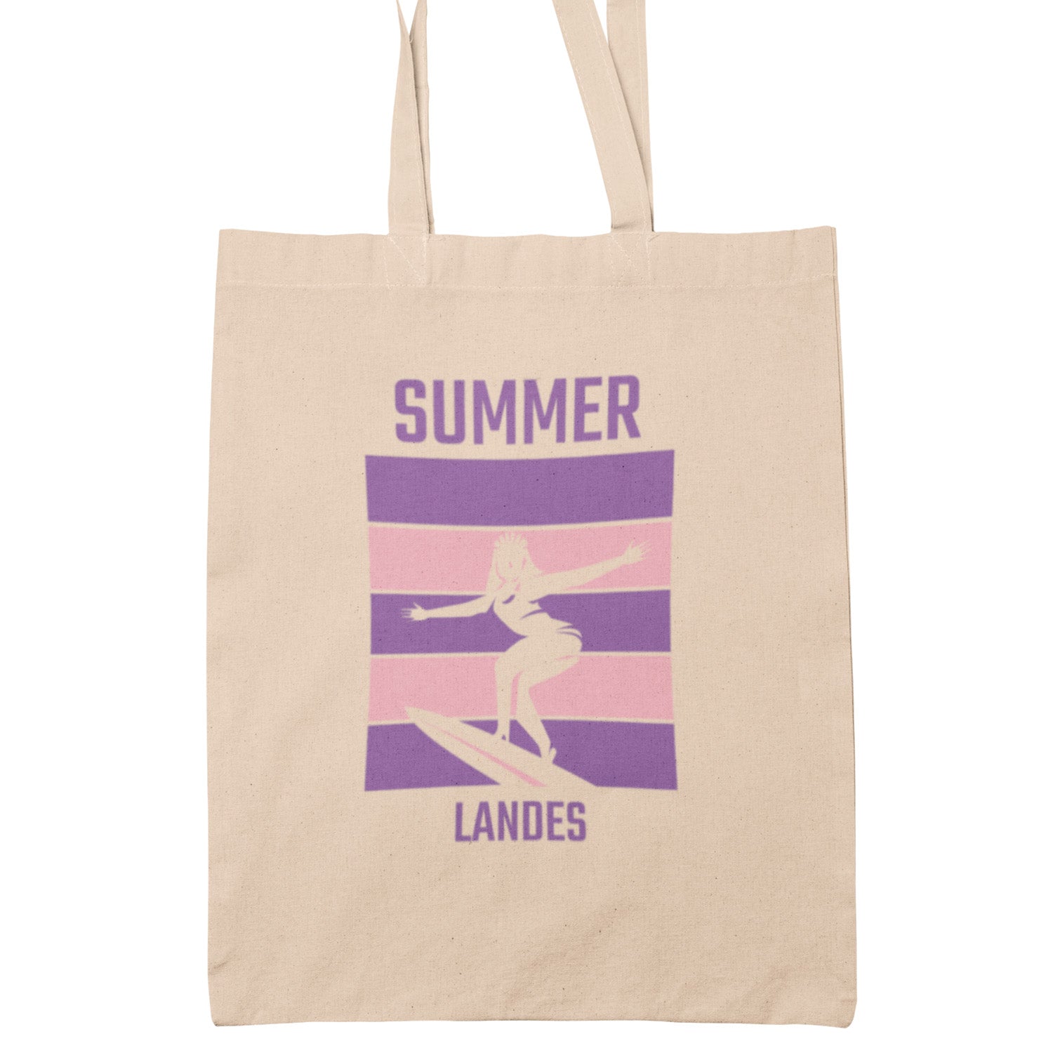 Tote bag beige Summer Landes illustration surfeuse rétro violet et rose style surf Landes Sud-Ouest