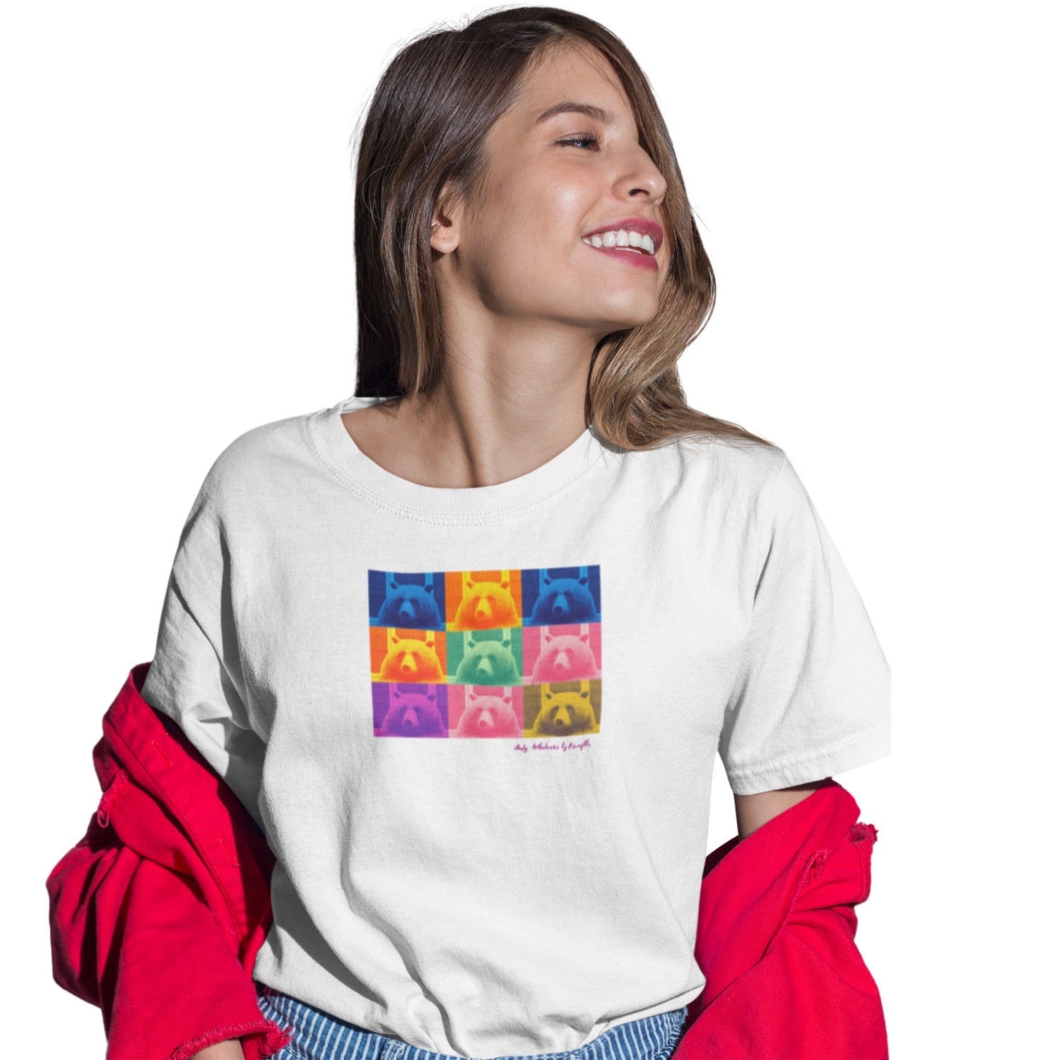 T-shirt blanc femme motif pop art Andy ours coloré inspiration surf Hossegor Biarritz design artistique Sud-Ouest Béarn